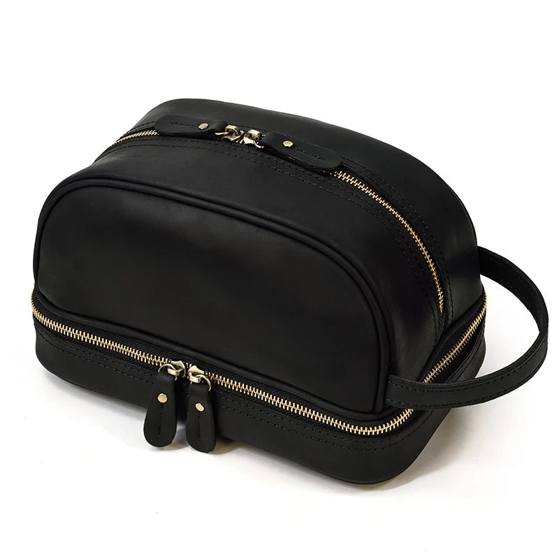 Amblot Black Leather cosmetic and toiletry bag