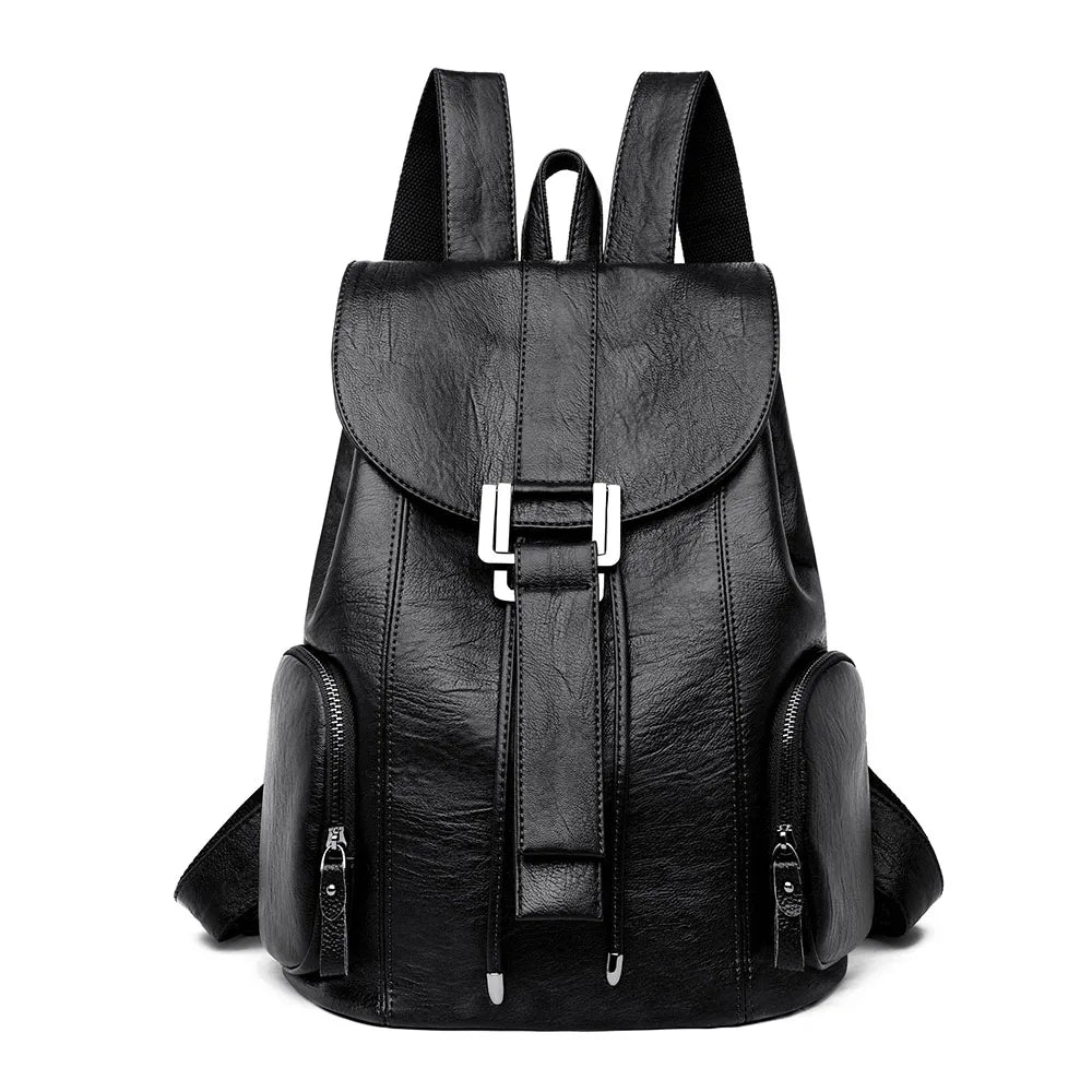 Amblot Black Leather knapsack with secure top flap