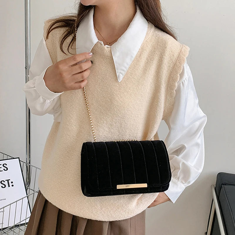 Amblot Black Luxury corduroy handbag with gold chain strap