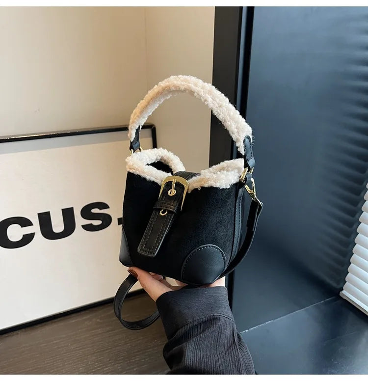 Amblot Black Mini square suede handbag with fake fur