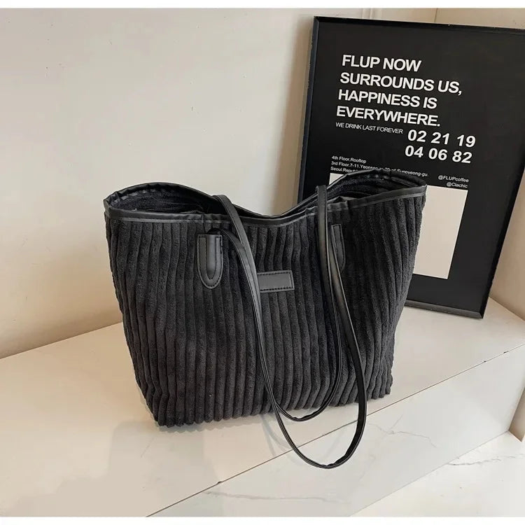 Amblot Black Minimalist corduroy tote bag for everyday wear