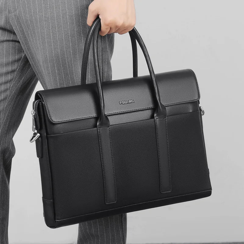 Amblot Black Minimalist leather briefcase for work