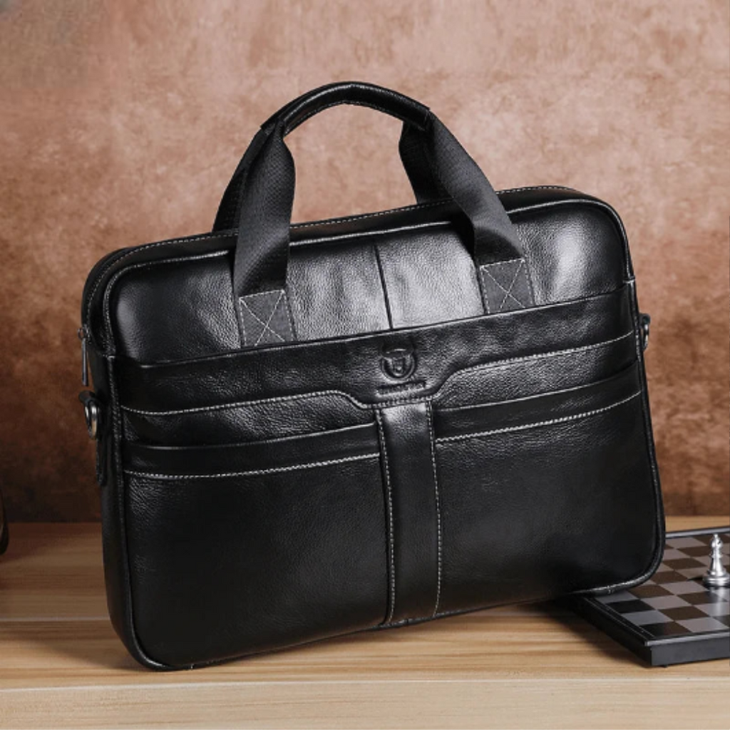 Amblot Black Multi-pocket leather laptop bag