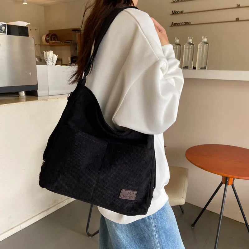 Amblot Black Simple corduroy tote bag with long straps