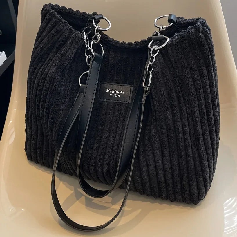 Amblot Black Soft corduroy tote bag with spacious interior