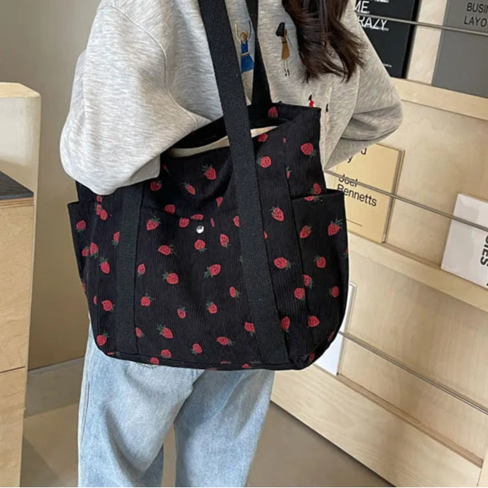 Amblot Black Strawberry pattern corduroy tote bag for women