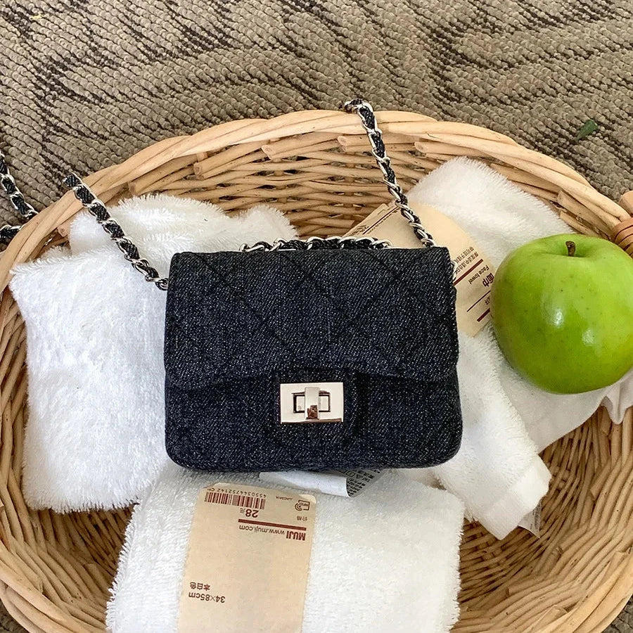 Amblot Black Vintage denim purse with chain strap for women