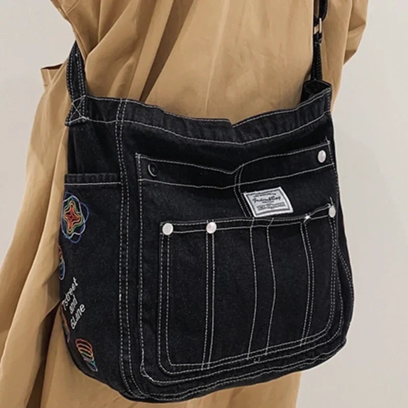 Amblot Black Vintage denim tote bag with zipper