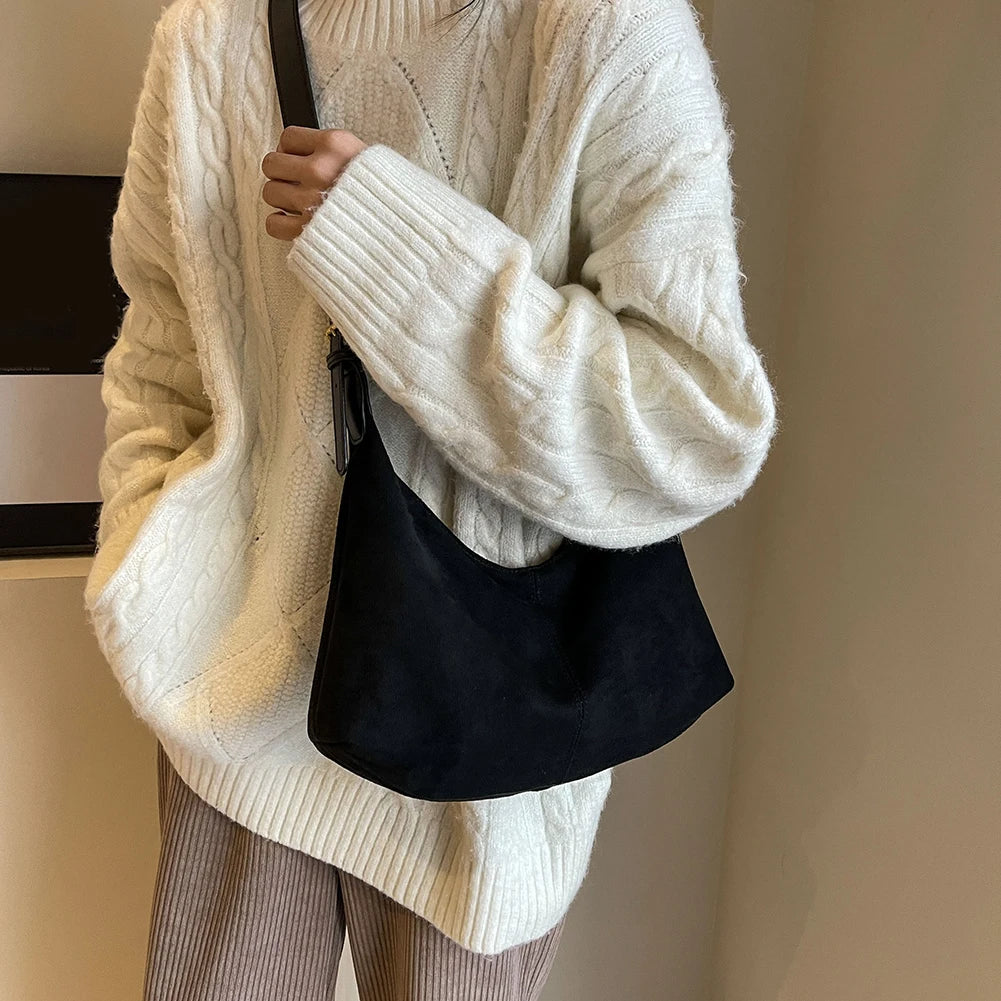 Amblot Black Vintage suede hobo shoulder handbag