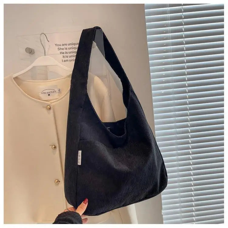 Amblot Black Women’s casual corduroy shoulder tote bag