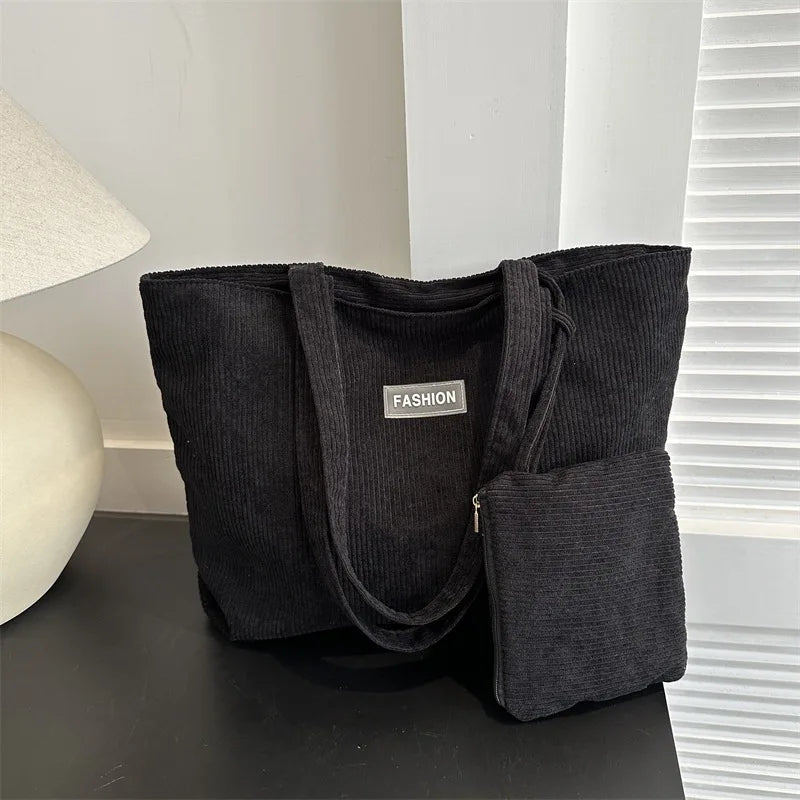 Amblot Black Women’s casual corduroy tote bag for work and school