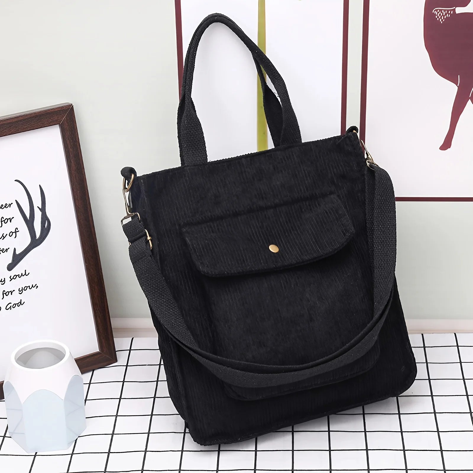 Amblot Black Women's vintage corduroy tote bag