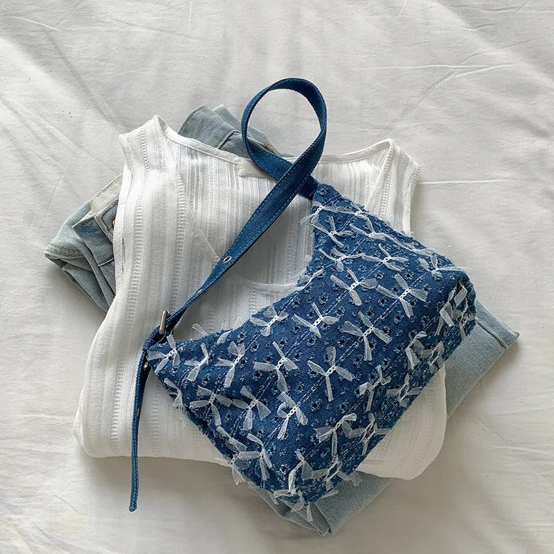 Amblot Blue Boho chic denim purse with fringes and embroidery