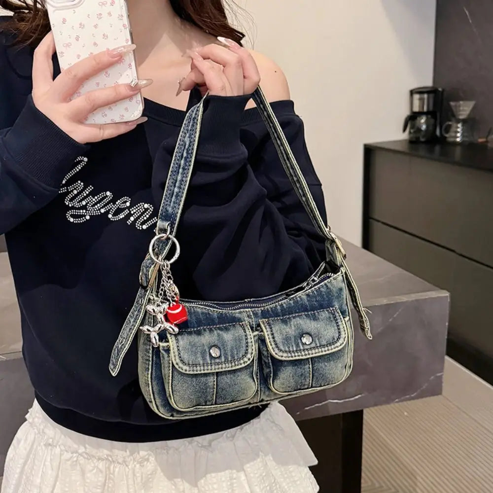 Amblot Blue Denim handbag with front pockets