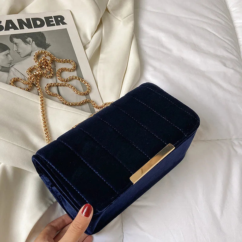 Amblot Blue Luxury corduroy handbag with gold chain strap