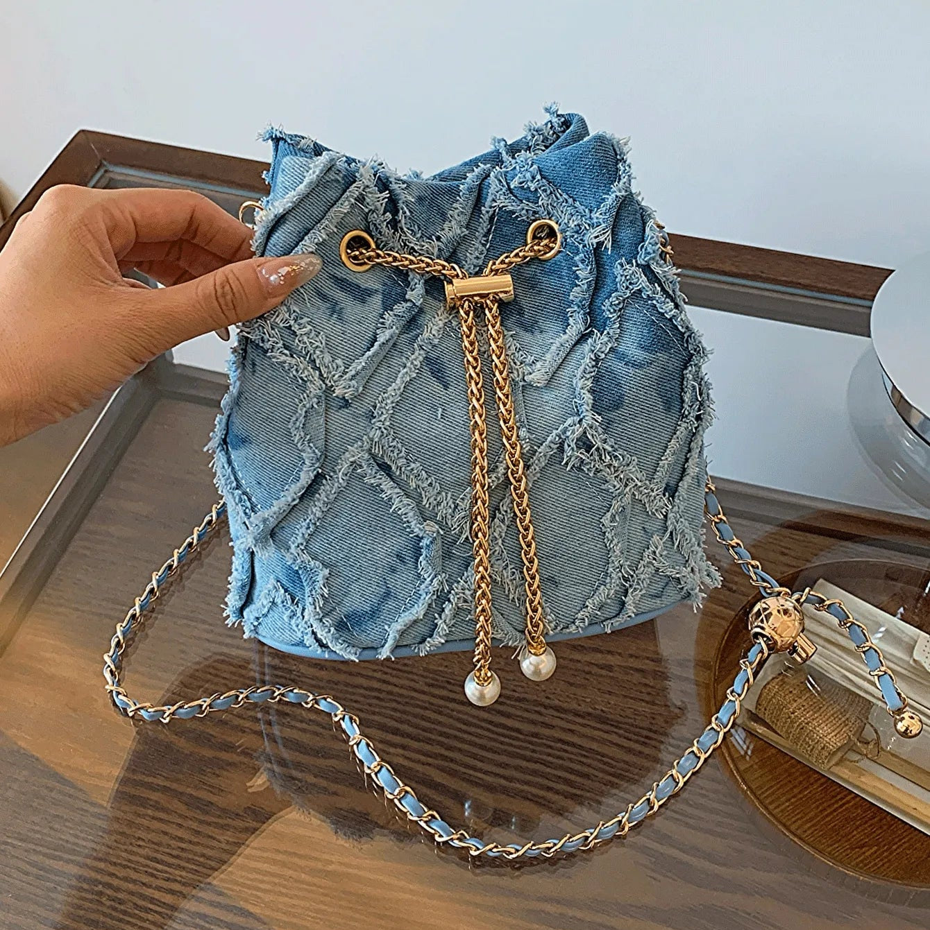 Amblot Blue Retro denim handbag with chain strap