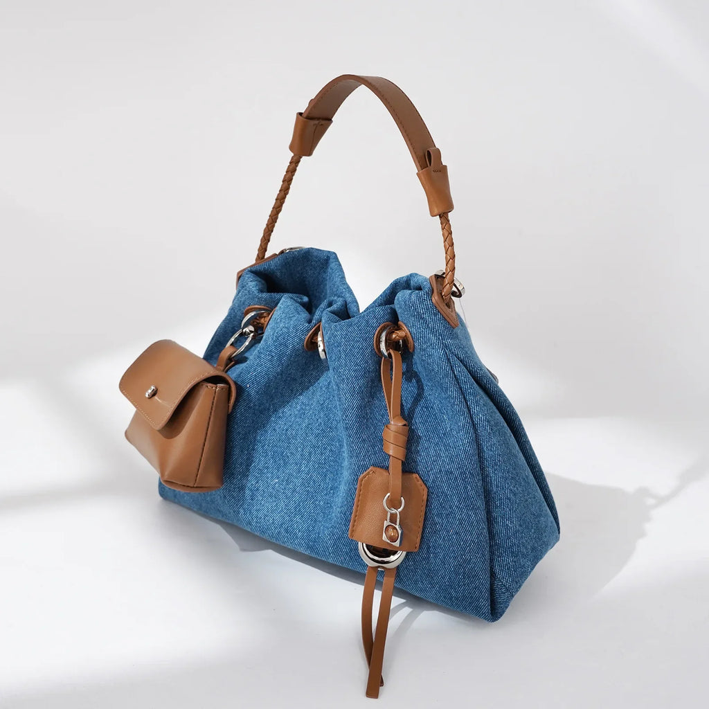 Amblot Blue with Brown Denim handbag with external pockets
