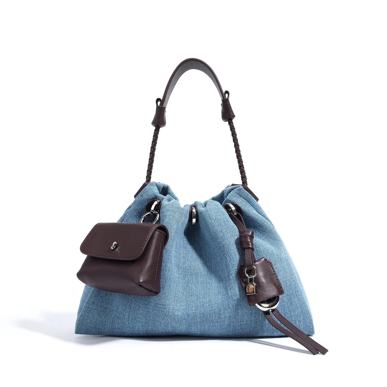 Amblot Blue with Coffee Denim handbag with external pockets