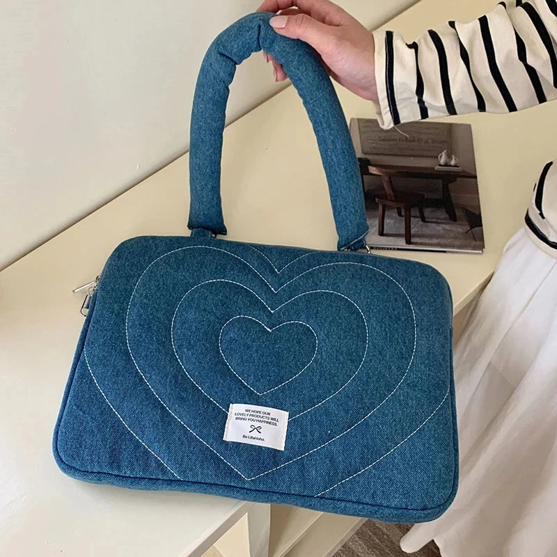 Amblot Blue with hearts / 13-14 inch Bowknot heart denim laptop bag