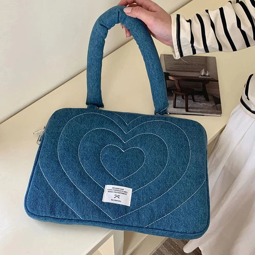 Amblot Blue with hearts / 13-14 inch Bowknot heart denim laptop bag