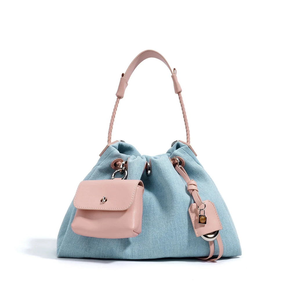 Amblot Blue with Pink Denim handbag with external pockets
