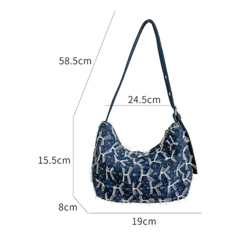 Amblot Boho chic denim purse with fringes and embroidery