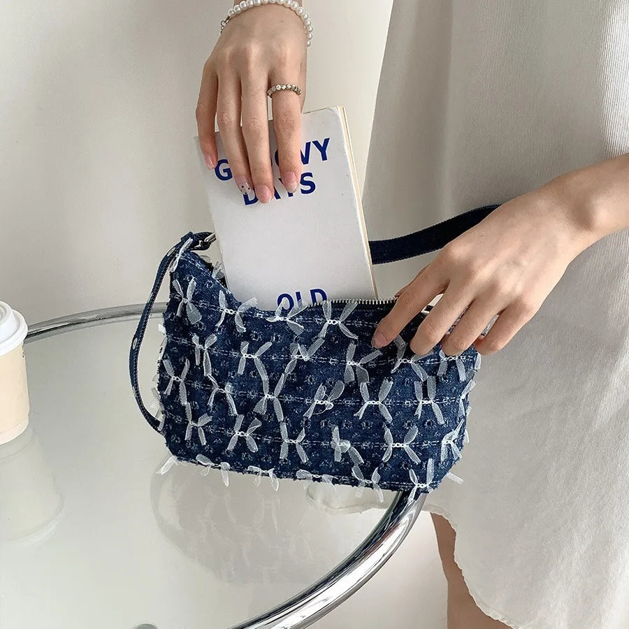 Amblot Boho chic denim purse with fringes and embroidery