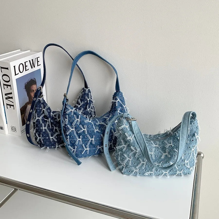 Amblot Boho chic denim purse with fringes and embroidery