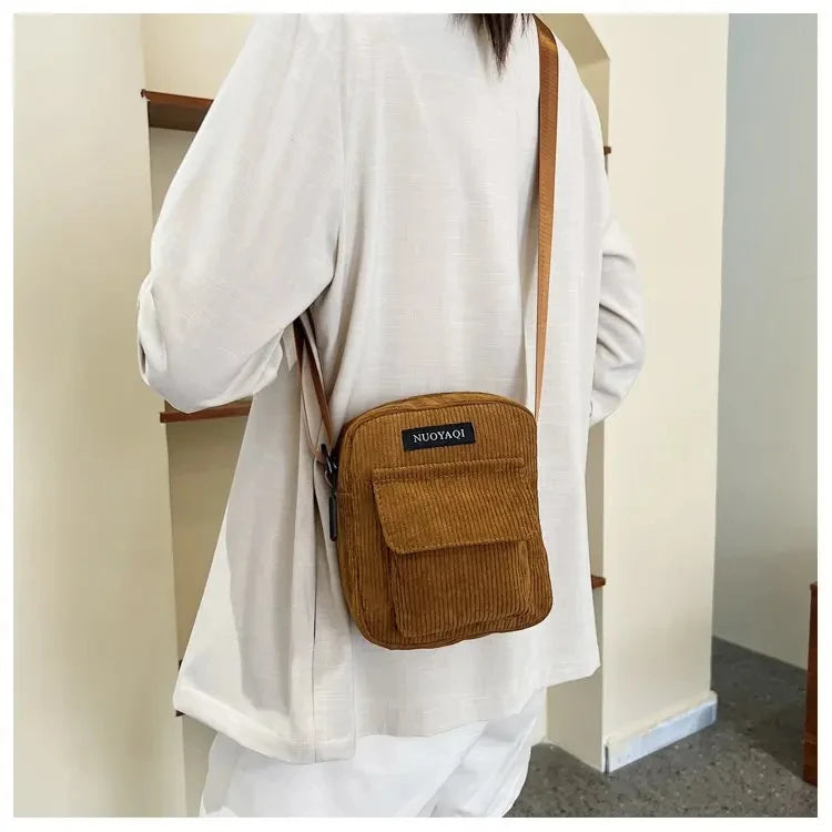 Amblot Brown Corduroy crossbody handbag with front pocket