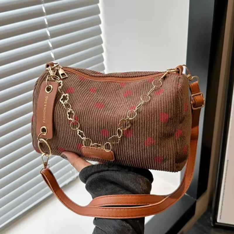 Amblot Brown corduroy handbag with strawberry print