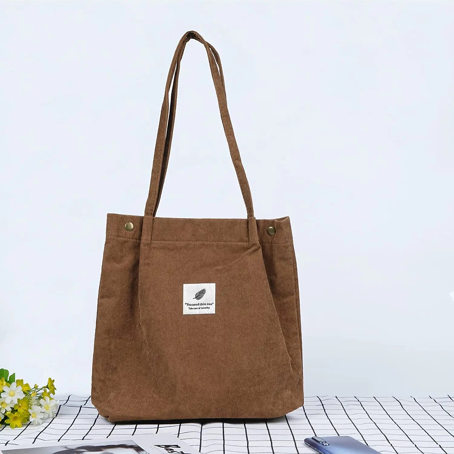 Amblot Brown Corduroy tote bag for daily use