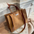 Amblot Brown Elegant corduroy tote bag with leather handles