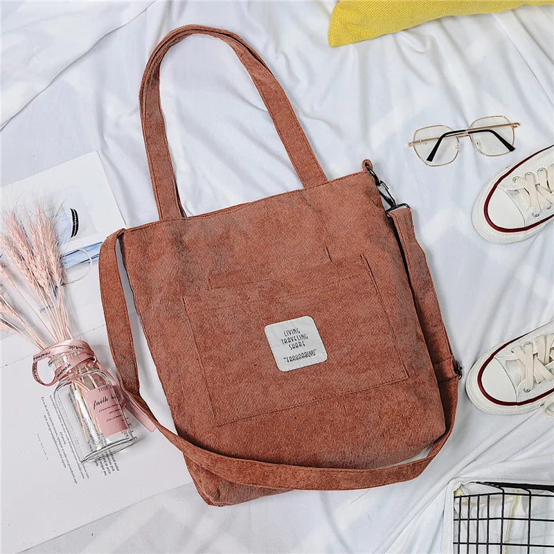 Amblot Brown Large capacity corduroy zipped tote bag with external pocket