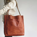 Amblot Brown Large capacity leather tote bag with pocket