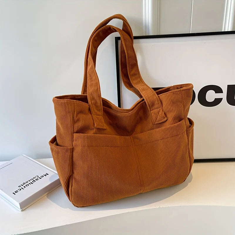 Amblot Brown Large corduroy shoulder tote bag with multiple pockets