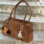 Amblot Brown Large suede tote bag with zip-top closure