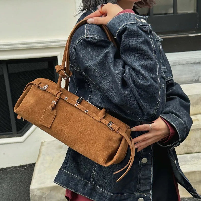 Amblot Brown Rectangular suede handbag