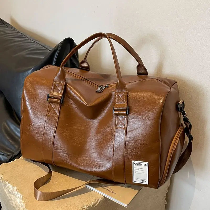 Amblot Brown Retro-style leather weekender duffle bag