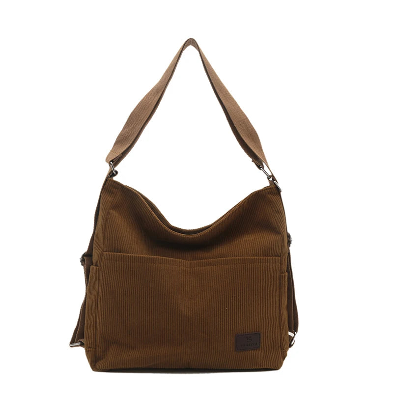 Amblot Brown Simple corduroy tote bag with long straps
