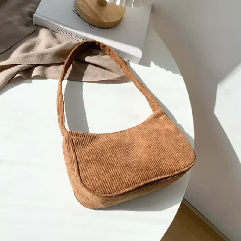 Amblot Brown Soft corduroy handbag with single strap