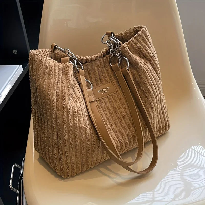 Amblot Brown Soft corduroy tote bag with spacious interior