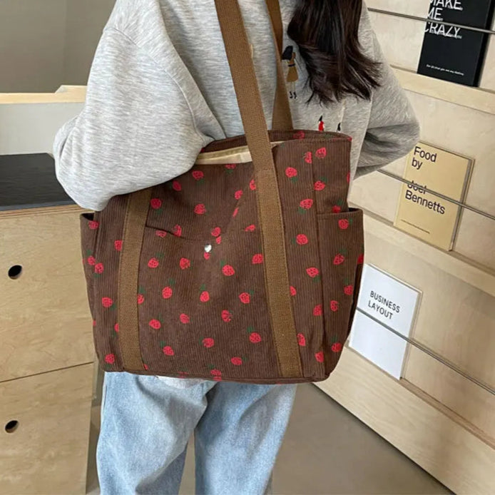 Amblot Brown Strawberry pattern corduroy tote bag for women