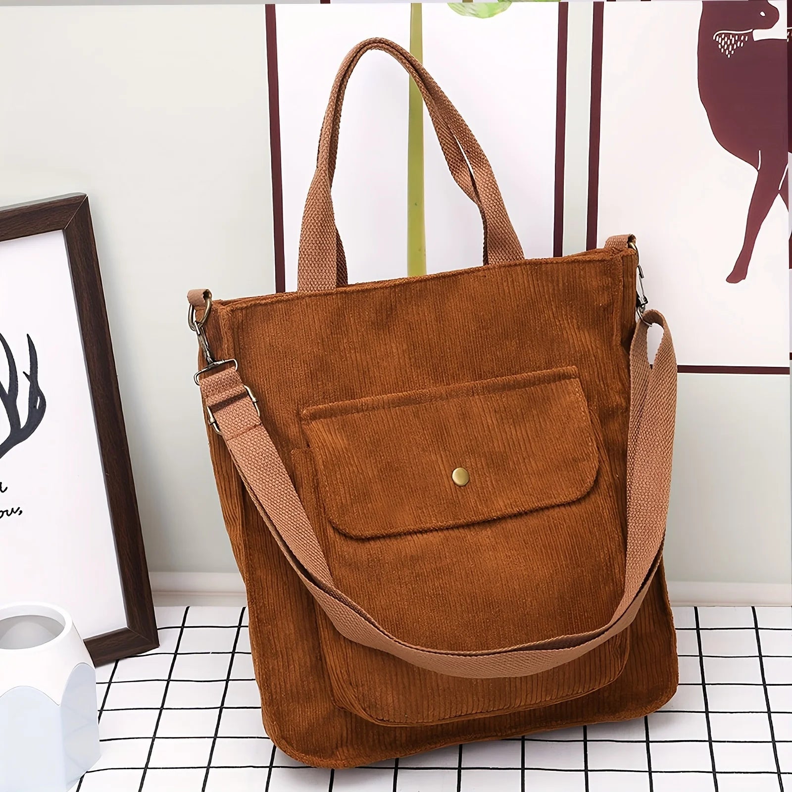 Amblot Brown Women's vintage corduroy tote bag