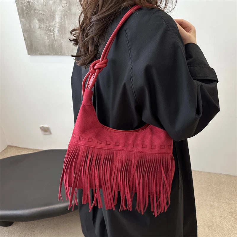 Amblot Burgundy Fashion suede shoulder bag with curved shape