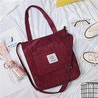 Amblot Burgundy Large capacity corduroy zipped tote bag with external pocket