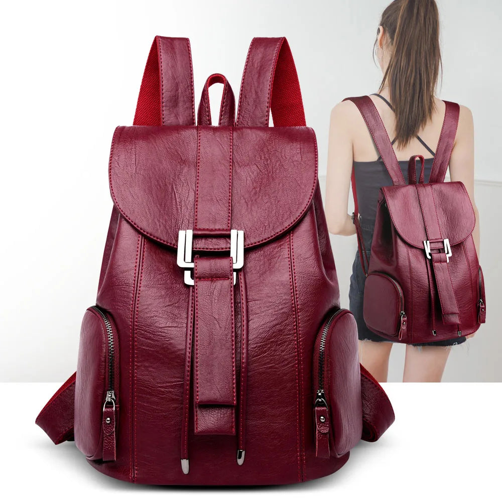 Amblot Burgundy Leather knapsack with secure top flap