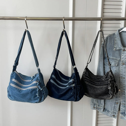 Amblot Classic denim shoulder handbag with zipper closure