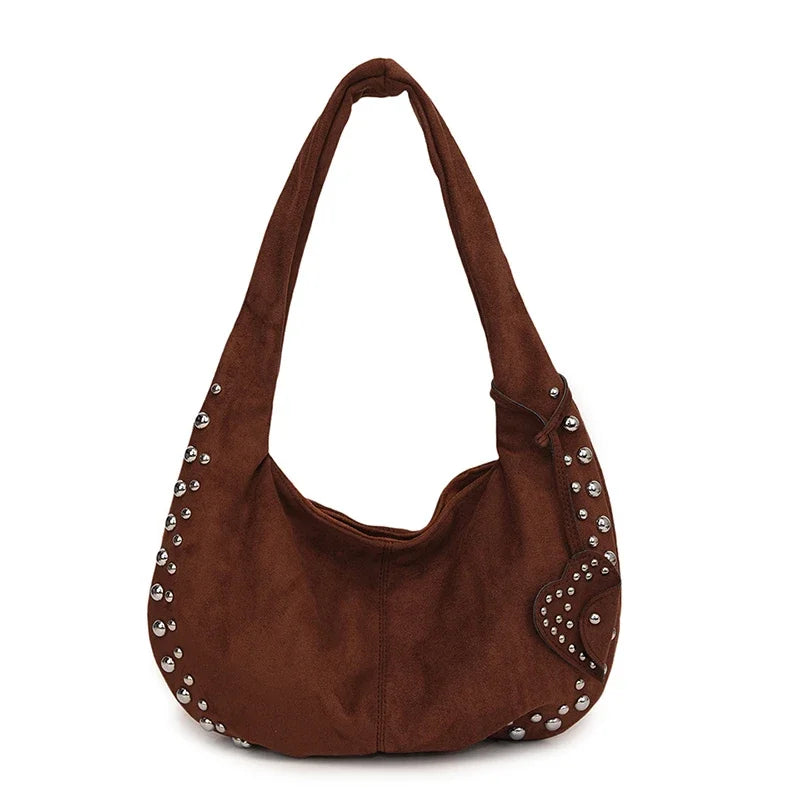 Amblot Coffee Chic suede shoulder bag with decorative strass