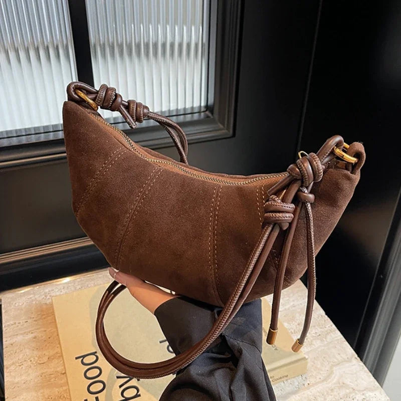 Amblot Coffee Crescent suede hobo bag