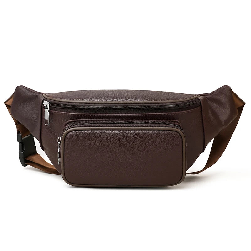 Amblot Coffee Large capacity leather bum bag for men